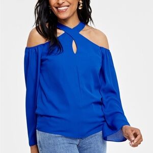 INC International Concepts Elegant Blue Women's Halter Cold Shoulder Top